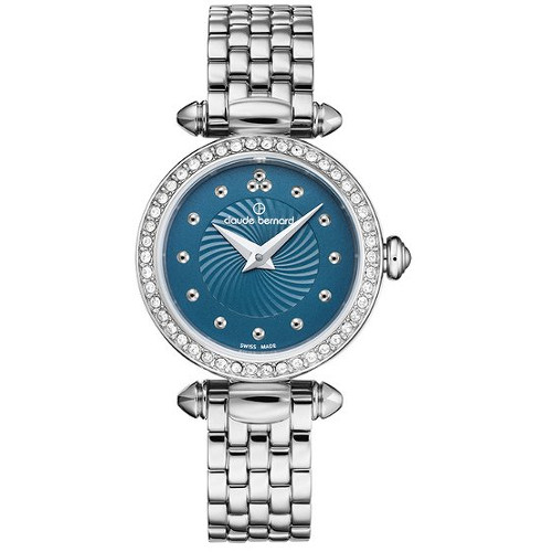 Женские часы CLAUDE BERNARD 20209 3PM BUPIN классические, круглые, синий с камнями и гарантией 24 месяца