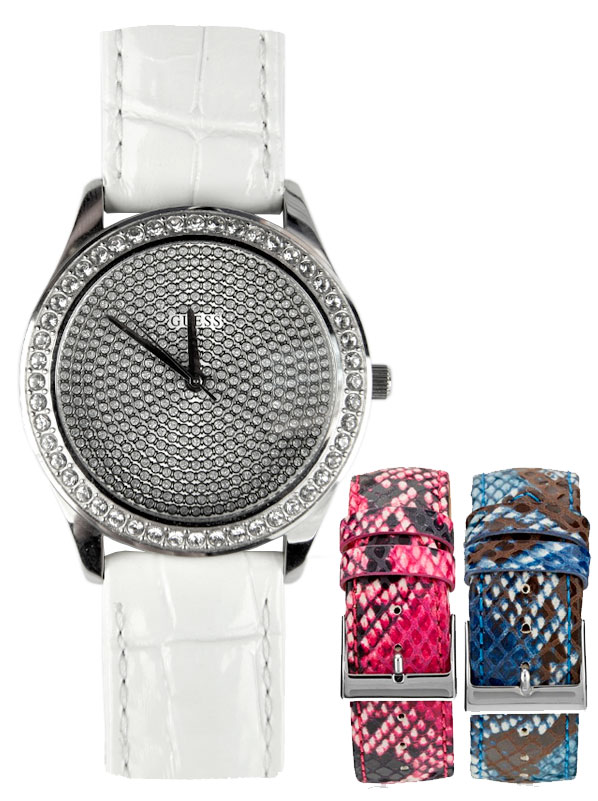 Часы женские Guess W0164L1 fashion, круглые, белые с камнями и гарантией 24 месяца