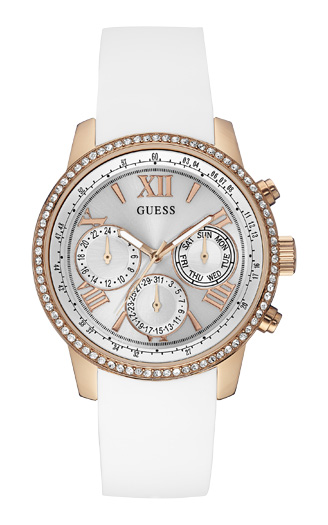 Женские часы GUESS W0616L1 спортивные, круглые, белые с камнями и гарантией 24 месяца