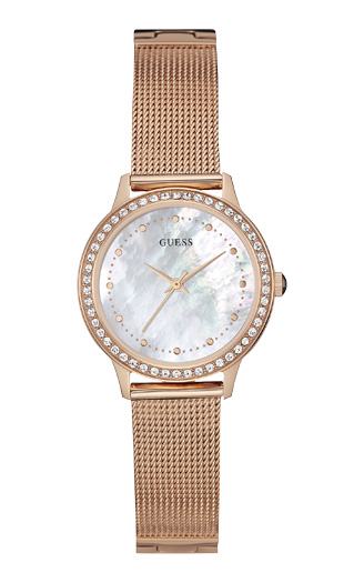 Женские часы GUESS W0647L2 fashion, круглые, перламутр с камнями и гарантией 24 месяца