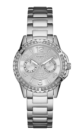 Часы женские GUESS W0705L1 классические, круглые, металлик с камнями и гарантией 24 месяца
