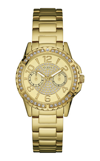 Женские часы GUESS W0705L2 спортивные, круглые, золото с камнями и гарантией 24 месяца