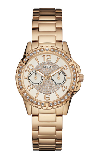 Женские часы GUESS W0705L3 спортивные, круглые, золото с камнями и гарантией 24 месяца