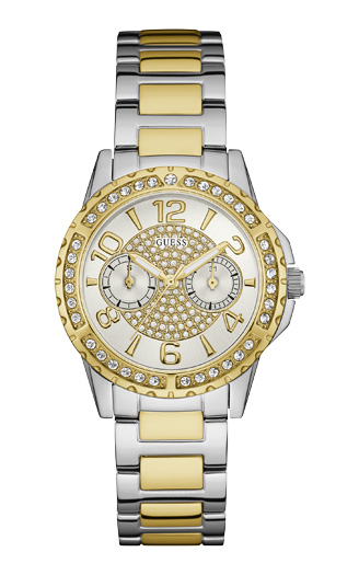 Женские часы GUESS W0705L4 классические, круглые, металлик с камнями и гарантией 24 месяца