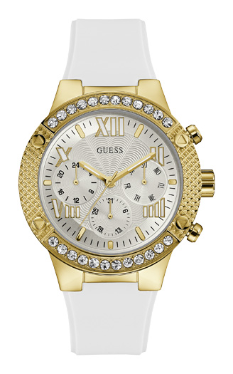 Женские часы GUESS W0772L6 спортивные, круглые, металлик с камнями и гарантией 24 месяца