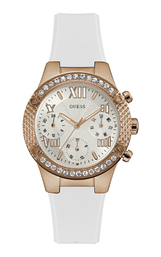 Женские часы GUESS W0773L6 спортивные, круглые, металлик с камнями и гарантией 24 месяца