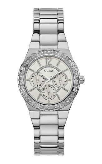 Женские часы GUESS W0845L1 спортивные, круглые, белые с камнями и гарантией 24 месяца