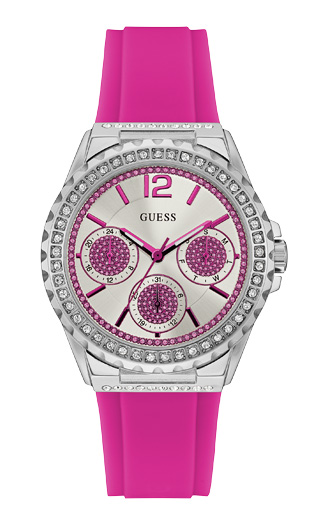 Женские часы GUESS W0846L2 спортивные, круглые, металлик с камнями и гарантией 24 месяца