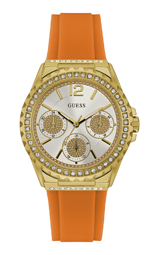 Женские часы GUESS W0846L4 спортивные, круглые, металлик с камнями и гарантией 24 месяца