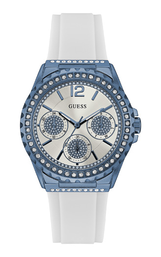 Женские часы GUESS W0846L7 спортивные, круглые, металлик с камнями и гарантией 24 месяца