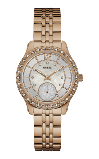 Женские часы GUESS W0931L3 классические, круглые, металлик с камнями и гарантией 24 месяца