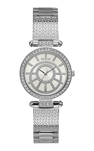 Женские часы GUESS W1008L1 классические, круглые, белые с камнями и гарантией 24 месяца