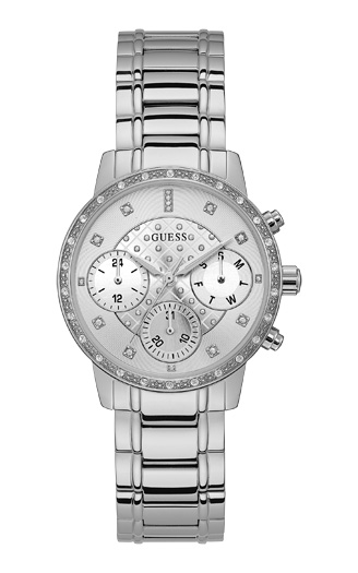 Женские часы GUESS W1022L1 спортивные, круглые, металлик с камнями и гарантией 24 месяца