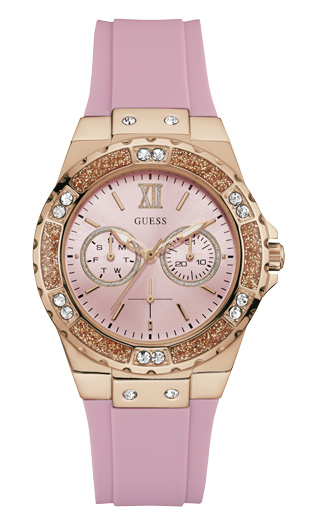 Женские часы GUESS W1053L3 fashion, круглые, розовые с камнями и гарантией 24 месяца