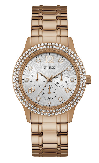 Женские часы GUESS W1097L3 спортивные, круглые, металлик с камнями и гарантией 24 месяца