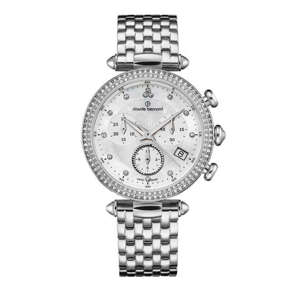 Женские часы CLAUDE BERNARD 10230 3M NAN классические, круглые, белые с камнями и гарантией 24 месяц