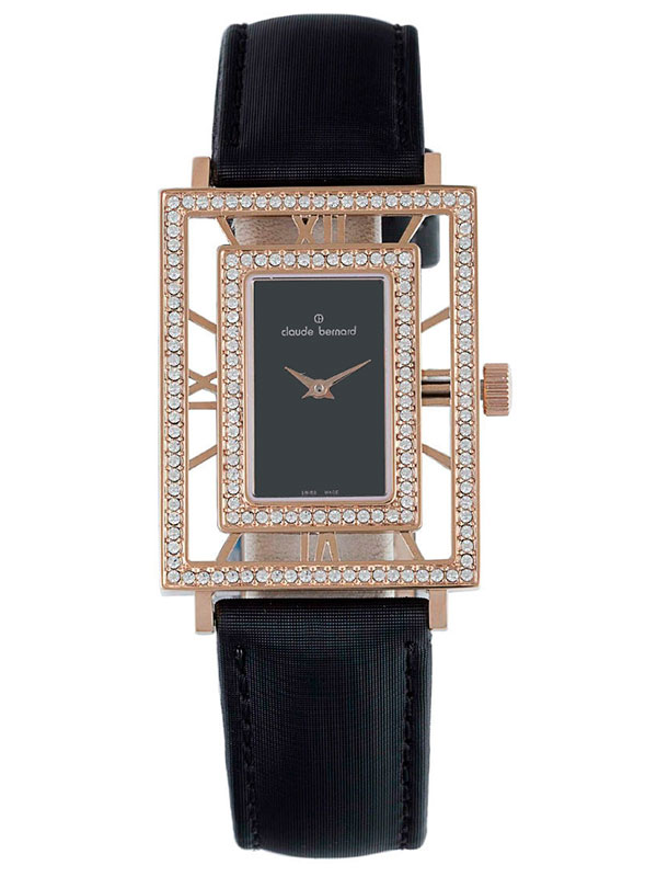 Годинник жіночий CLAUDE BERNARD 20074-37RPB NAN fashion, прямокутний, чорний з камінням та гарантією 24 місяці