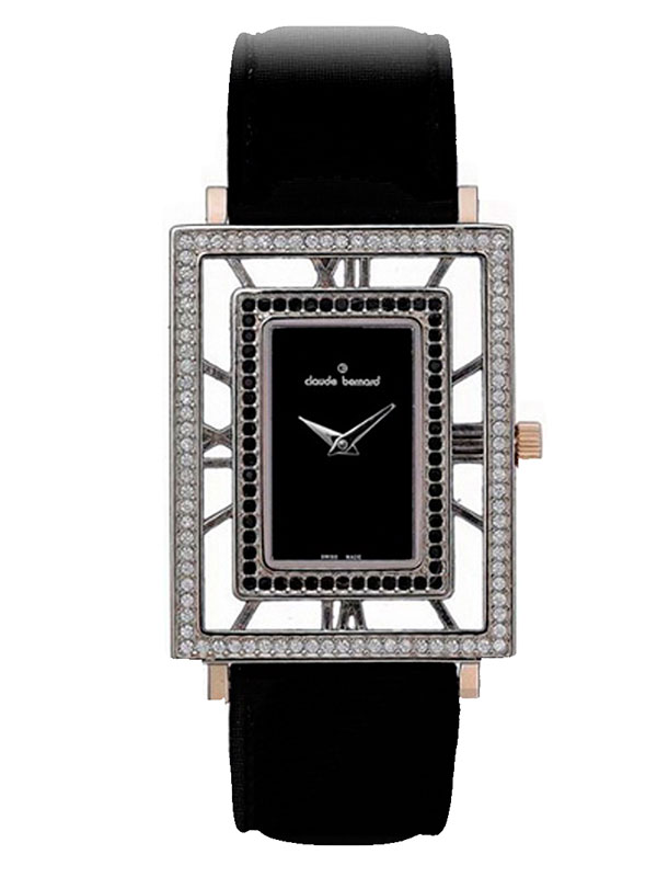 Годинник жіночий CLAUDE BERNARD 20074-37RPBN NAN fashion, прямокутний, чорний з камінням та гарантією 24 місяці