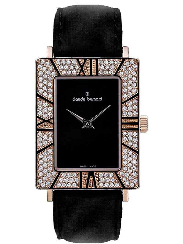 Женские часы CLAUDE BERNARD 20075-37RPB NAN fashion, прямоугольные, черные с камнями и гарантией 24 месяца