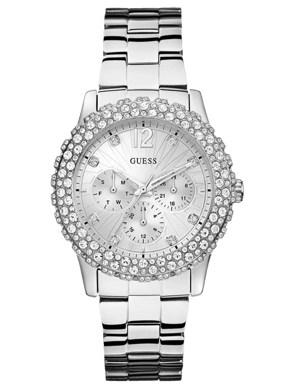  Женские часы GUESS W0335L1  fashion, круглые, металлик с камнями и гарантией 24 месяца