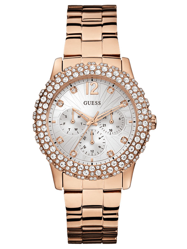 Женские часы GUESS W0335L3  fashion, круглые, перламутр с камнями и гарантией 24 месяца