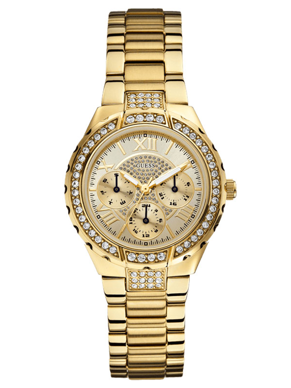 Женские часы Guess W0111L2 спортивные, круглые, золото с камнями и гарантией 24 месяца