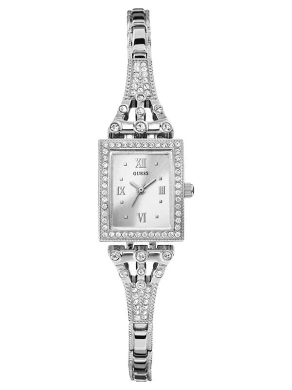 Женские часы GUESS W0430L1 fashion, прямоугольные, перламутр с камнями и гарантией 24 месяца