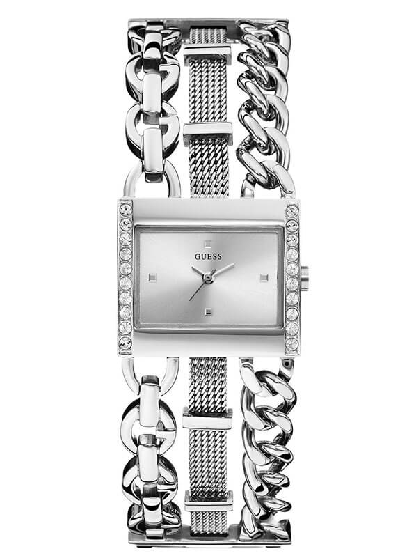 Женские часы GUESS W0433L1 fashion, прямоугольные, металлик с камнями и гарантией 24 месяца