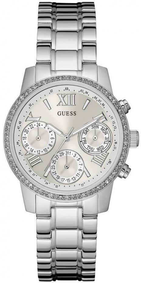 Женские часы GUESS W0623L1 классические, круглые, металлик с камнями и гарантией 24 месяца