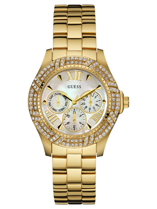 Женские часы GUESS W0632L2 fashion, круглые, перламутр с камнями и гарантией 24 месяца