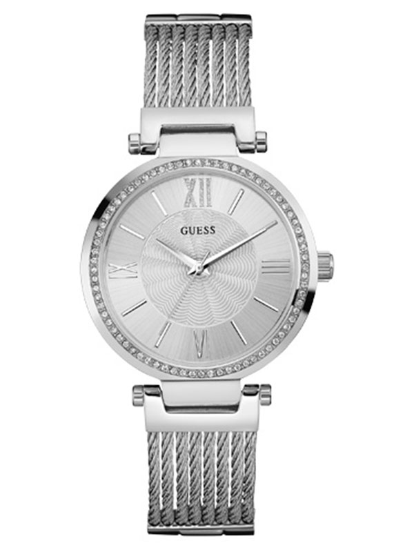 Женские часы GUESS W0638L1 fashion, круглые, металлик с камнями и гарантией 24 месяца