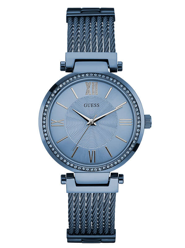 Женские часы GUESS W0638L3 fashion, круглые, голубой с камнями и гарантией 24 месяца
