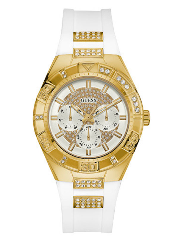 Женские часы GUESS W0653L3 fashion, круглые, белые с камнями и гарантией 24 месяца