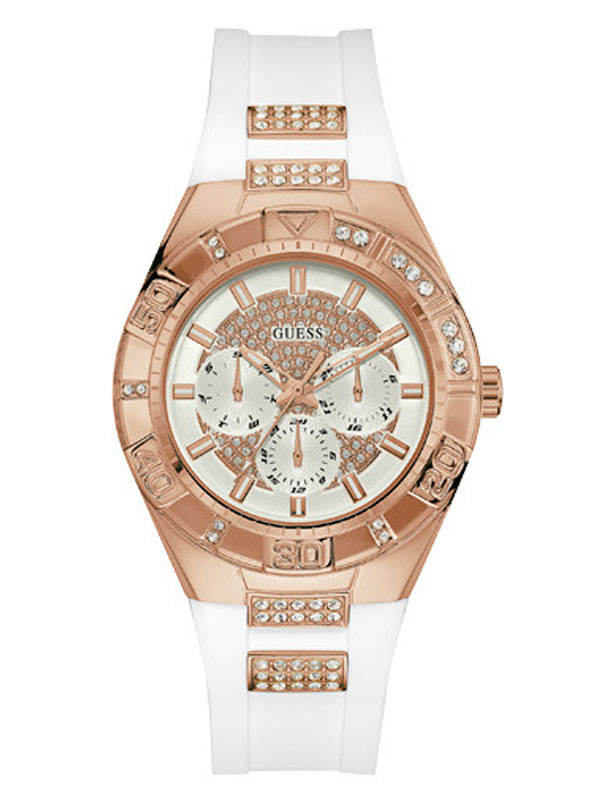 Женские часы GUESS W0653L4 fashion, круглые, белые с камнями и гарантией 24 месяца