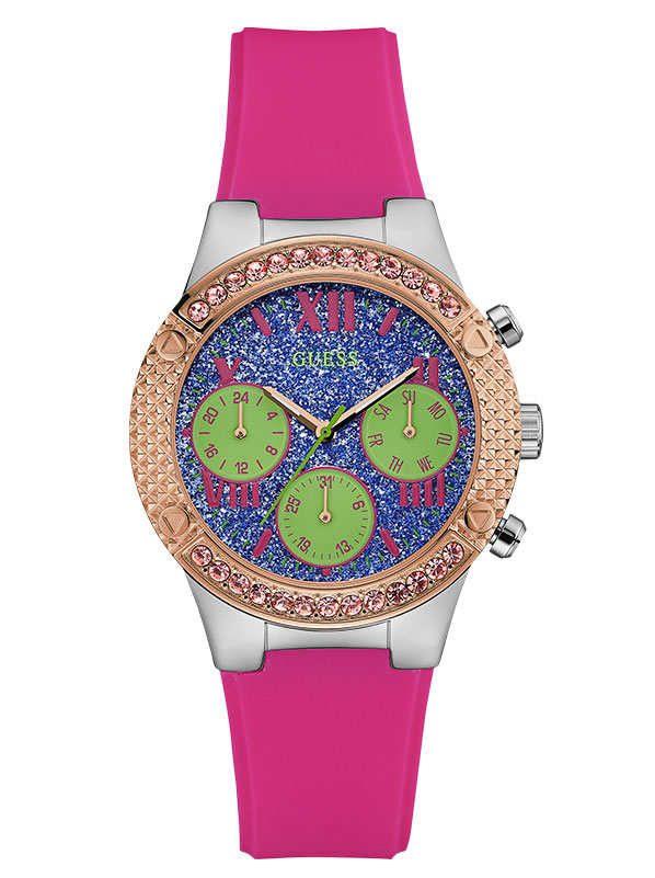 Женские часы GUESS W0773L3 спортивные, круглые, фиолетовые с камнями и гарантией 24 месяца