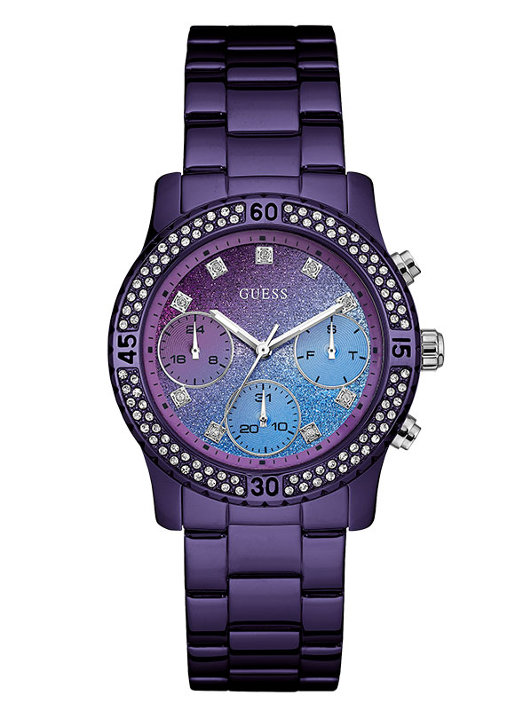 Женские часы GUESS W0774L4 классические, круглые, фиолетовые с камнями и гарантией 24 месяца