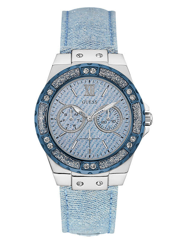 Женские часы GUESS W0775L1 fashion, круглые, голубой с камнями и гарантией 24 месяца