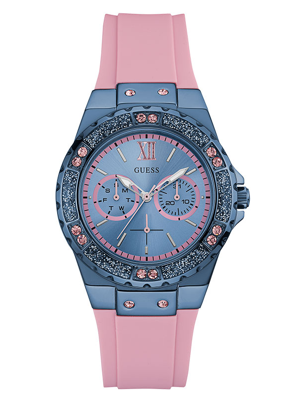 Женские часы GUESS W0775L5 спортивные, круглые, голубой с камнями и гарантией 24 месяца