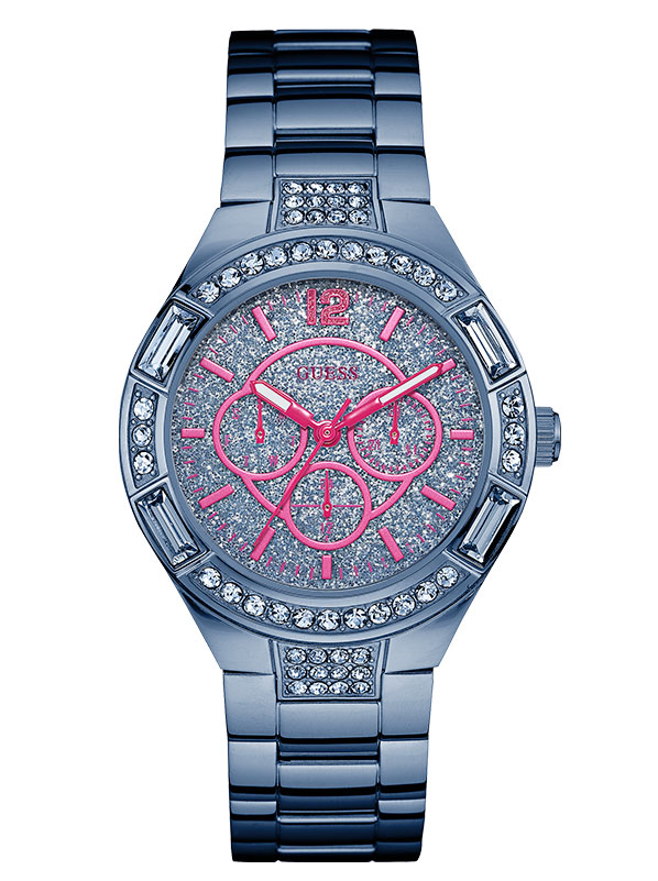 Женские часы GUESS W0776L4 fashion, круглые, голубой с камнями и гарантией 24 месяца