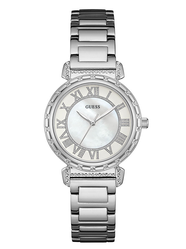 Женские часы GUESS W0831L1 классические, круглые, перламутр с камнями и гарантией 24 месяца