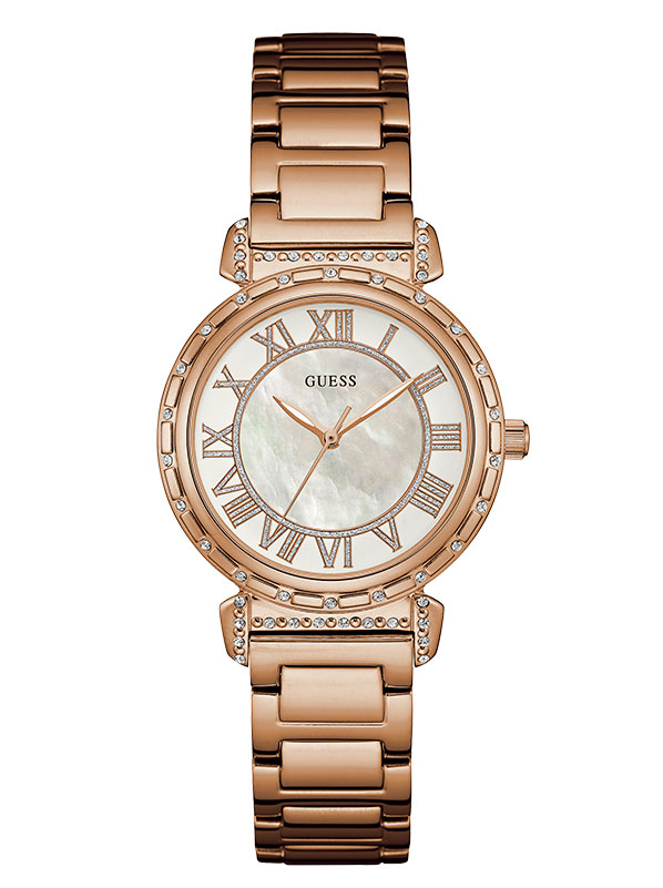 Женские часы GUESS W0831L2 классические, круглые, перламутр с камнями и гарантией 24 месяца