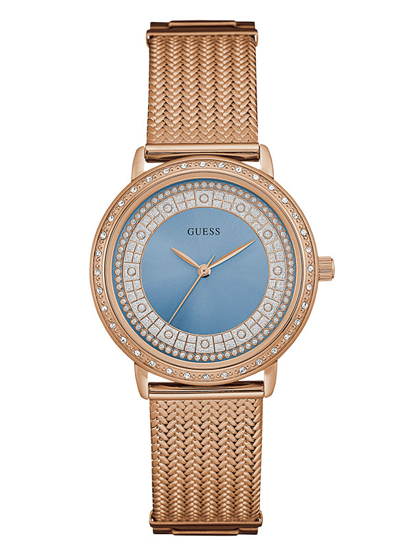Женские часы GUESS W0836L1 классические, круглые, голубой с камнями и гарантией 24 месяца
