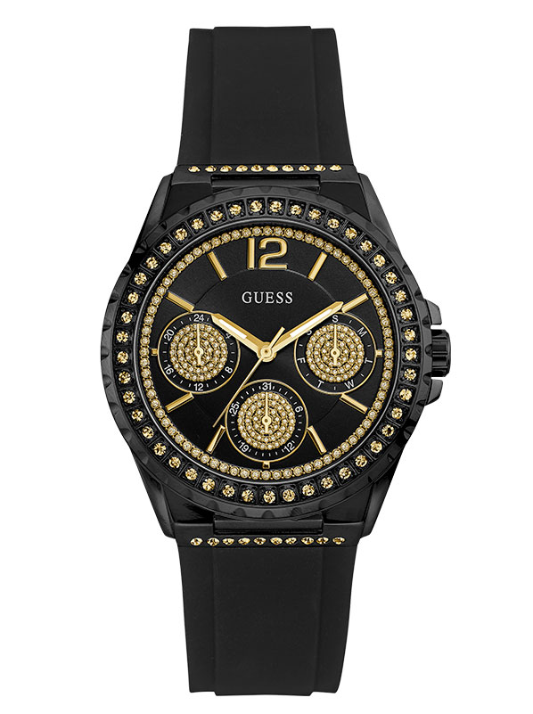 Женские часы GUESS W0846L1 спортивные, прямоугольные, черные с камнями и гарантией 24 месяца