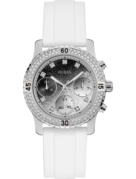 Женские часы  GUESS W1098L1 fashion, круглые, металлик с камнями и гарантией 24 месяца