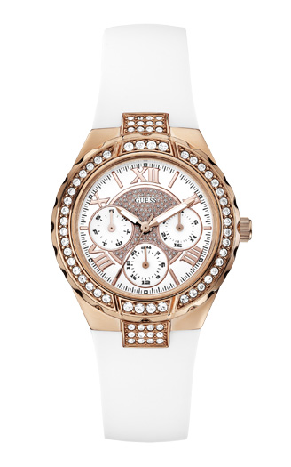 Женские часы GUESS W0300L2 спортивные, круглые, белые с камнями и гарантией 24 месяца