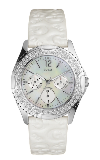 Женские часы Guess I11528L1 спортивные, круглые, перламутр с камнями и гарантией 24 месяца
