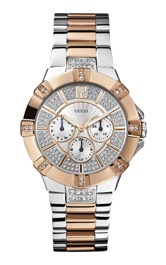 Часы женские Guess W0024L1 fashion, круглые, металлик с камнями и гарантией 24 месяца