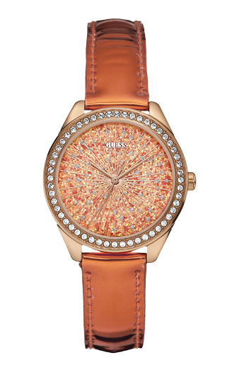 Женские часы Guess W0156L2 fashion, круглые, оранжевые с камнями и гарантией 24 месяца