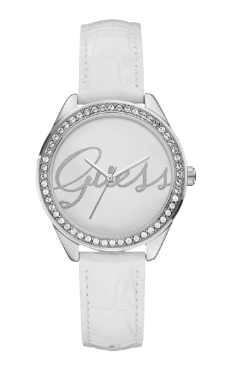 Часы женские Guess W0229L1 fashion, круглые, белые с камнями и гарантией 24 месяца