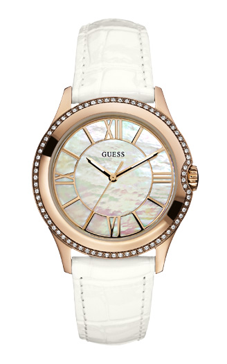 Женские часы Guess W10267L1 классические, круглые, перламутр с камнями и гарантией 24 месяца